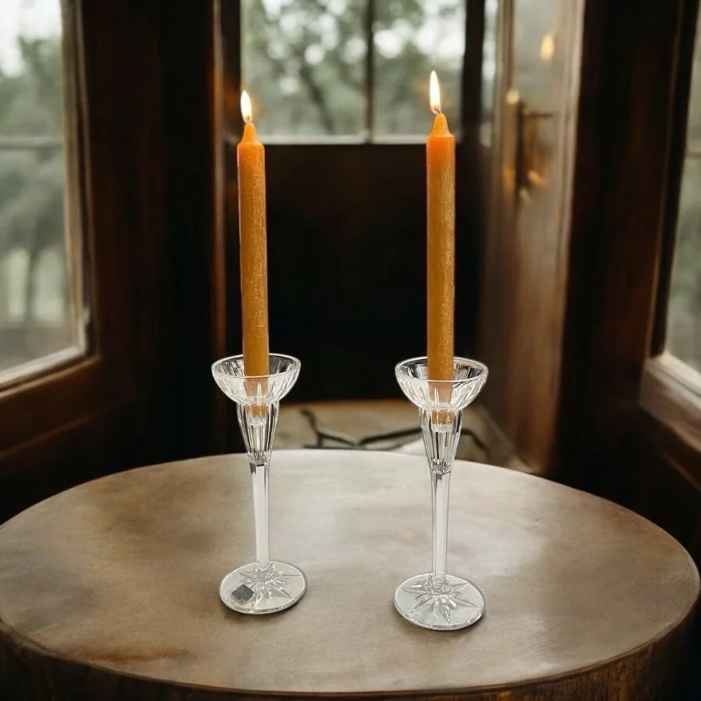 Pair Mikasa Golden Tiara Crystal Candlesticks Germany Gold Rim 8 5/8”